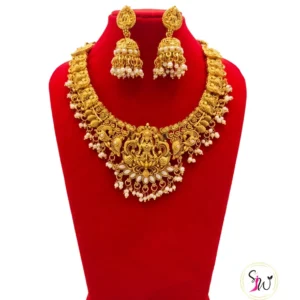 Antique Gold-Plated Lakshmi Temple Jewellery Set – Necklace & Jhumka Earrings