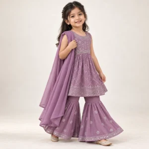 Baby Girls’ Sharara Suit Set with Dupatta – Purple